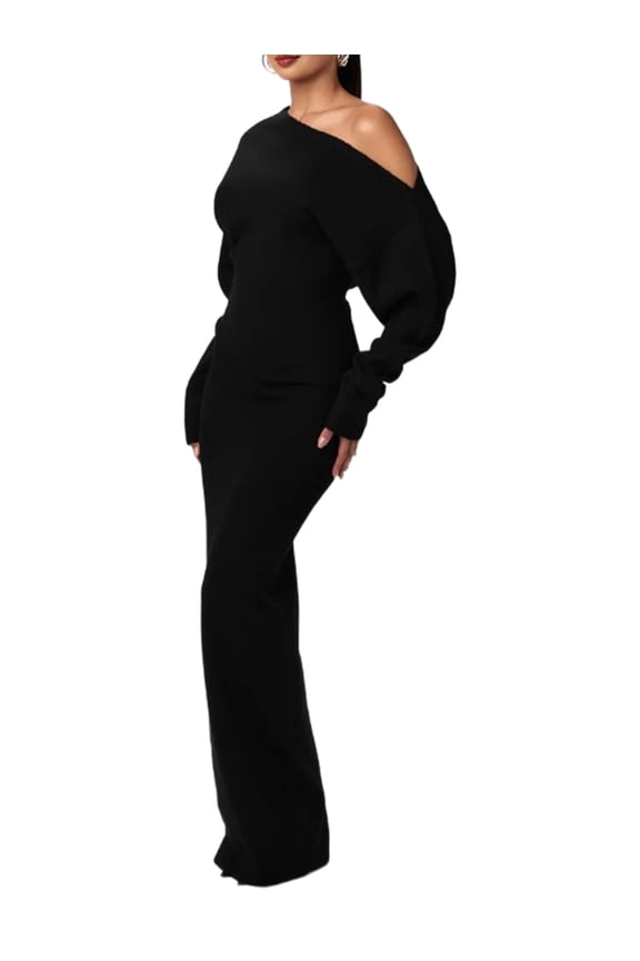 Women'S Fall Off Shoulder Bodycon Sweater Dress Formal Long Sleeve Elegant Club Party Midi Maxi Dresses Black XL