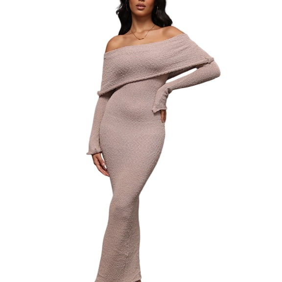 Women'S Fall Off Shoulder Bodycon Sweater Dress Formal Long Sleeve Elegant Club Party Midi Maxi Dresses Khaki L