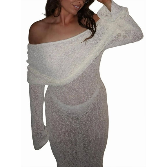 Women'S Fall Off Shoulder Bodycon Sweater Dress Formal Long Sleeve Elegant Club Party Midi Maxi Dresses White M
