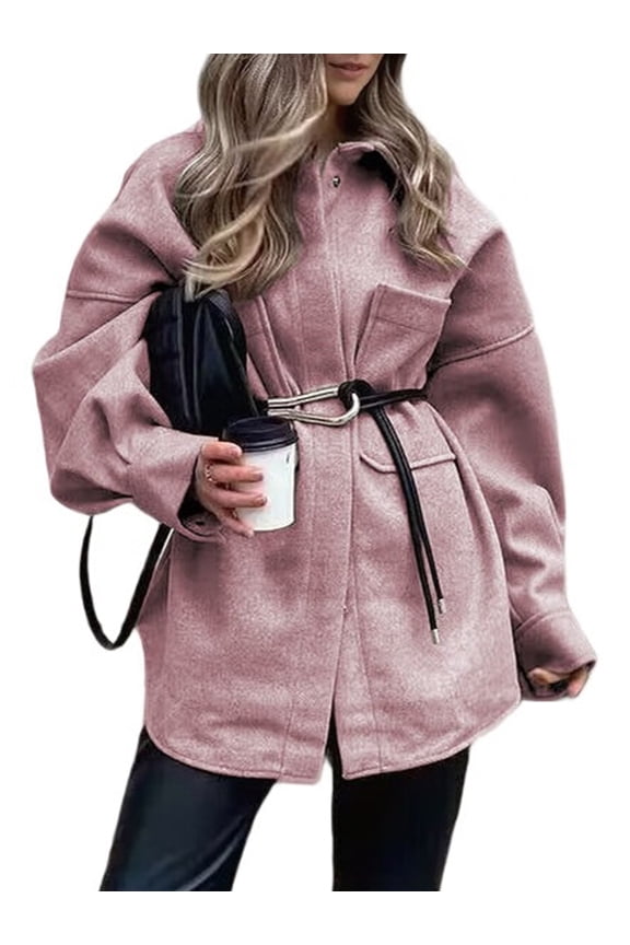 Women'S Fall Oversized Long Sleeve Shacket Jacket Casual Loose Button Down Wool Blend Blouses Coat Fashion Outfit Pink S