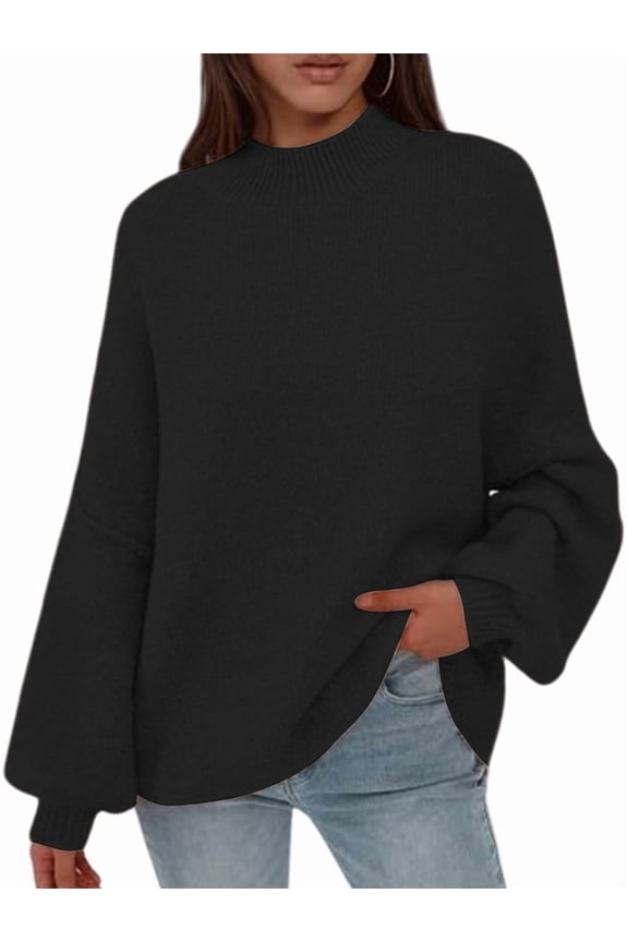 Women'S Fall Oversized Sweaters Chunky Knit Mock Neck Long Sleeve Casual Trendy Pullover Winter Clothes Black L