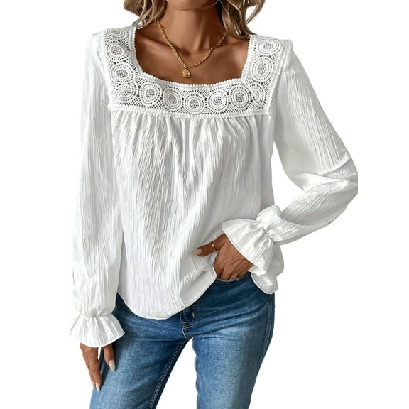 Women'S Fall Puff Long Sleeve Square Neck Loose Cute Casual Blouse Shirt Top White XL