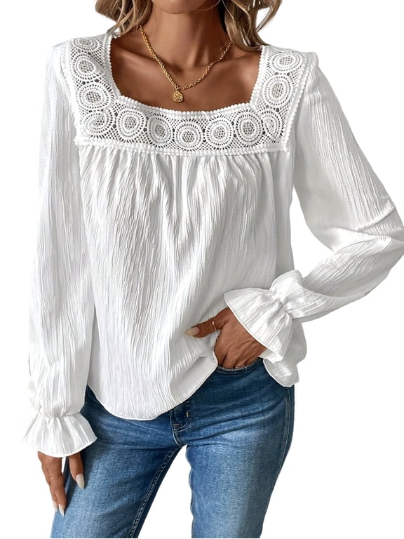 Women'S Fall Puff Long Sleeve Square Neck Loose Cute Casual Blouse Shirt Top White XL
