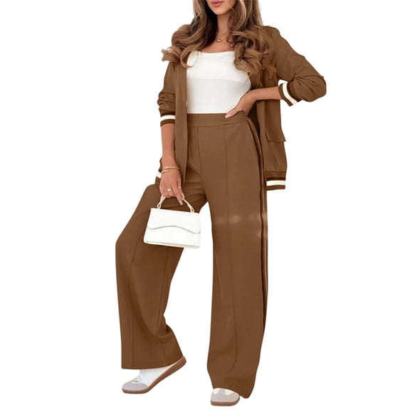 Women'S Fall Spring 2 Piece Blazer Outfits Business Casual Oversized Jacket Wide Leg Work Pants Dark Brown XS