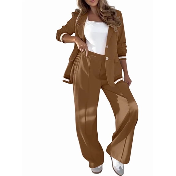 Women'S Fall Spring 2 Piece Blazer Outfits Business Casual Oversized Jacket Wide Leg Work Pants Dark Brown XXL
