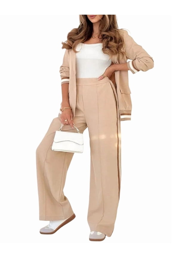 Women'S Fall Spring 2 Piece Blazer Outfits Business Casual Oversized Jacket Wide Leg Work Pants Khaki M