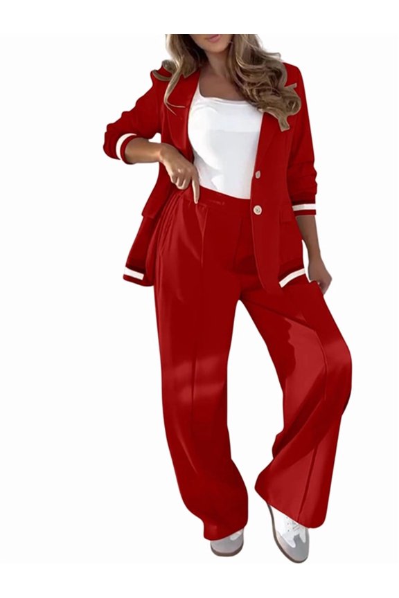 Women'S Fall Spring 2 Piece Blazer Outfits Business Casual Oversized Jacket Wide Leg Work Pants Red L