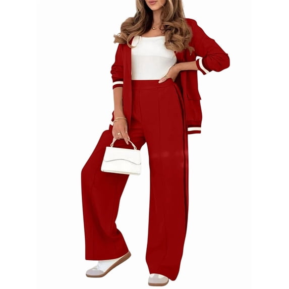 Women'S Fall Spring 2 Piece Blazer Outfits Business Casual Oversized Jacket Wide Leg Work Pants Red L