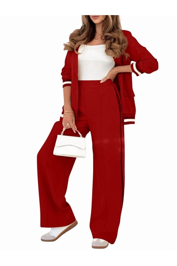 Women'S Fall Spring 2 Piece Blazer Outfits Business Casual Oversized Jacket Wide Leg Work Pants Red L