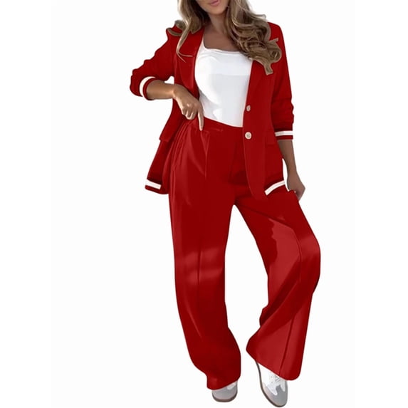 Women'S Fall Spring 2 Piece Blazer Outfits Business Casual Oversized Jacket Wide Leg Work Pants Red S