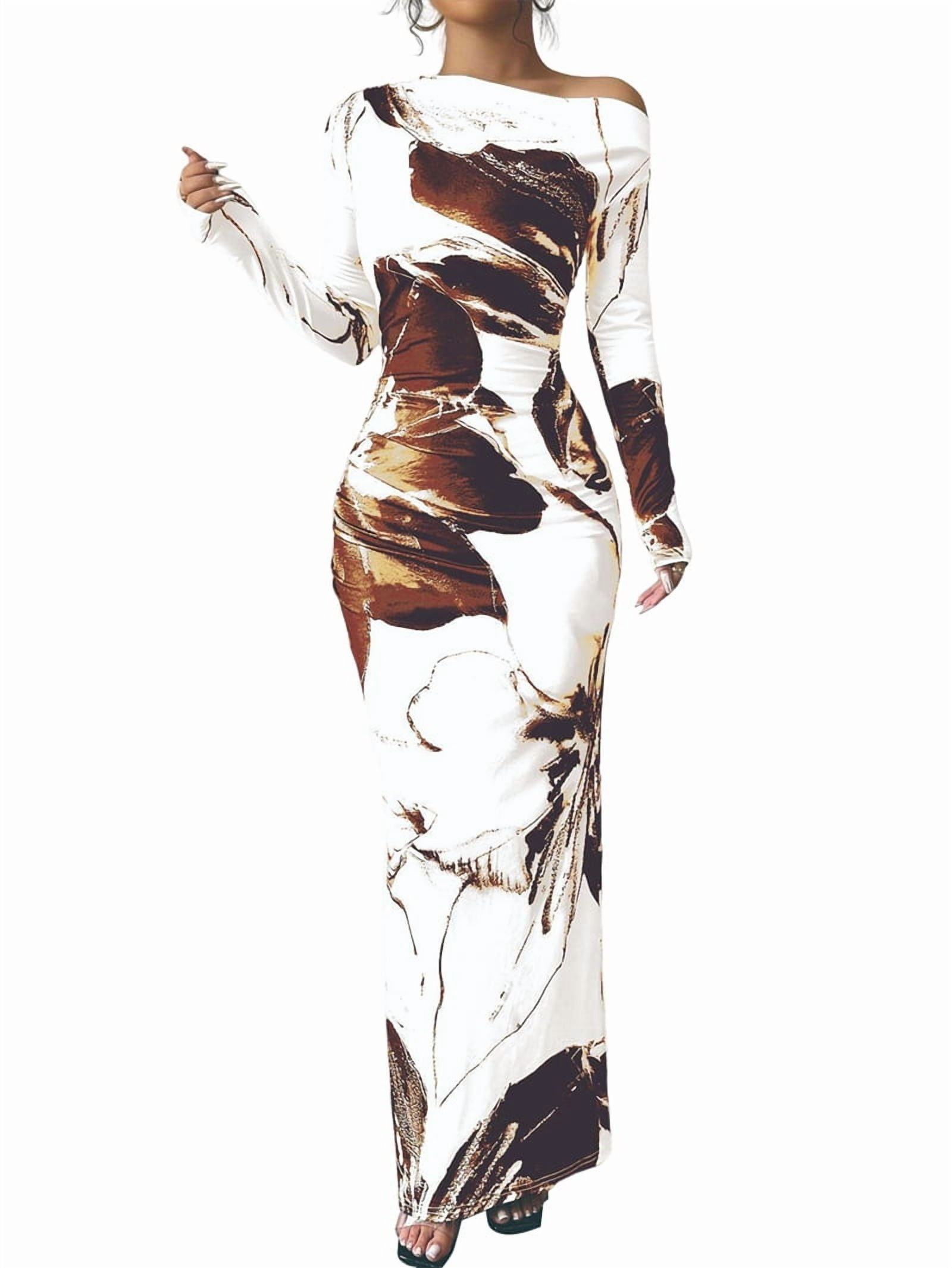 Women'S Fall Spring Fashion Long Sleeve Floral Print Tight Fitted Party  Club Ruched Maxi Dresses Coffee Color XL - Walmart.com