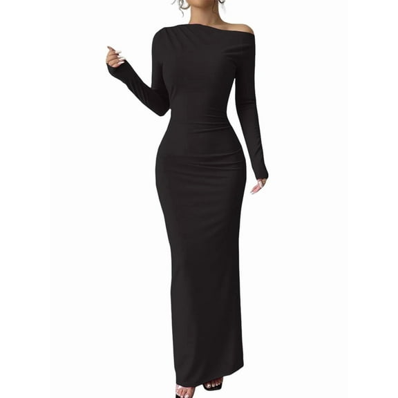 Women'S Fall Spring Fashion Long Sleeve Floral Print Tight Fitted Party Club Ruched Maxi Dresses Pure Black S