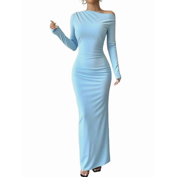 Women'S Fall Spring Fashion Long Sleeve Floral Print Tight Fitted Party Club Ruched Maxi Dresses Pure Blue M