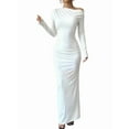 thumbnail image 1 of Women'S Fall Spring Fashion Long Sleeve Floral Print Tight Fitted Party Club Ruched Maxi Dresses Pure White S, 1 of 6