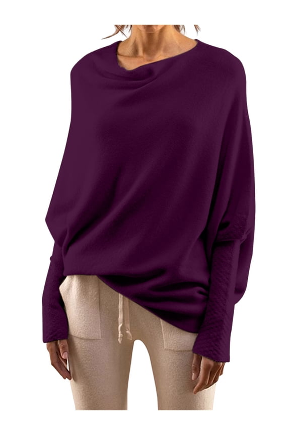 Women'S Fall Sweaters 2025 Casual Long Batwing Sleeve Loose Off Shoulder Knit Pullovers Jumper Tops  One size