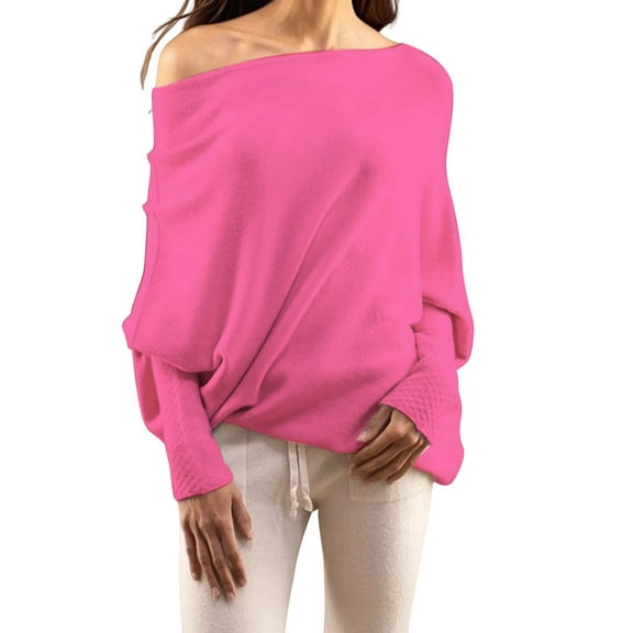 Women'S Fall Sweaters 2025 Casual Long Batwing Sleeve Loose Off Shoulder Knit Pullovers Jumper Tops Pink One size