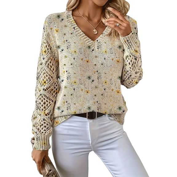 Women'S Fall Sweaters Cute Floral Animal Print Knit V Neck Pullover Sweater Aesthetic Crochet Tops VT3 M