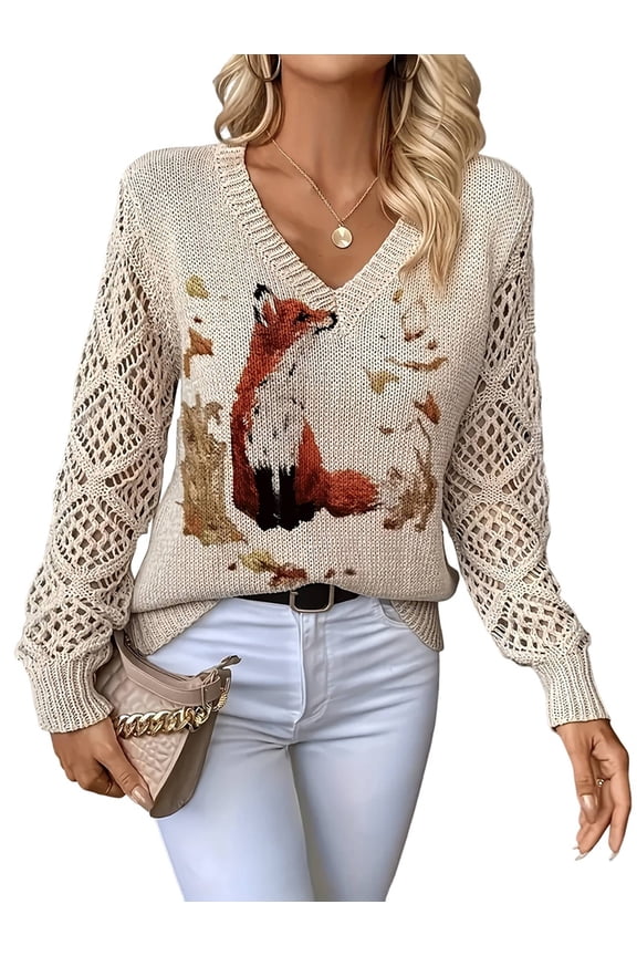 Women'S Fall Sweaters Cute Floral Animal Print Knit V Neck Pullover Sweater Aesthetic Crochet Tops VT7 L
