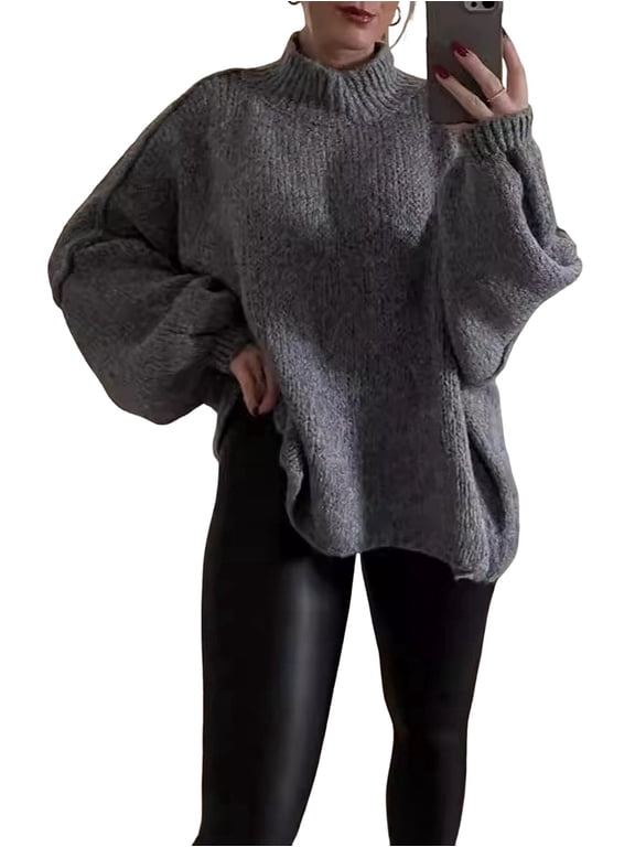 Women'S Fall Turtle Neck Oversized Sweaters Long Sleeve Chunky Knit Pullover Tops Winter Fashion Clothes Grey L