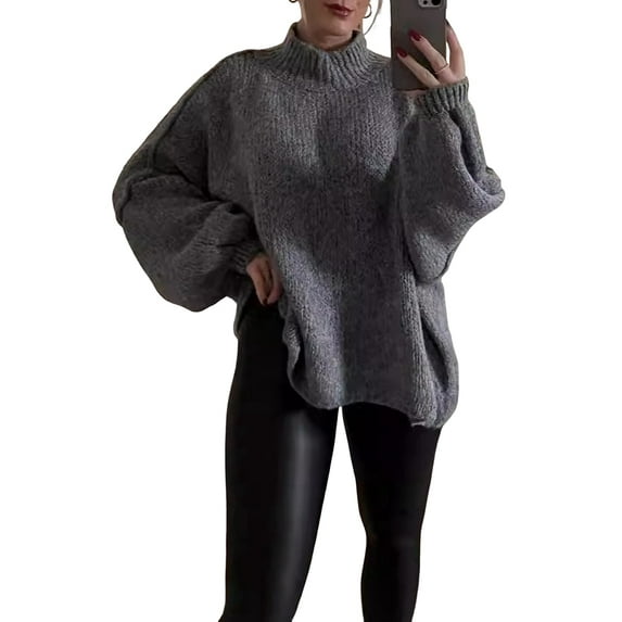 Women'S Fall Turtle Neck Oversized Sweaters Long Sleeve Chunky Knit Pullover Tops Winter Fashion Clothes Grey L