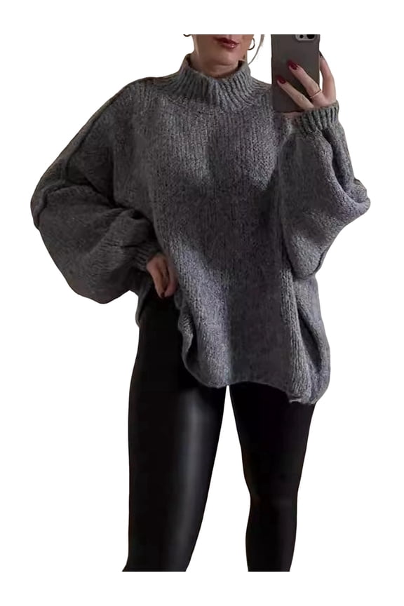 Women'S Fall Turtle Neck Oversized Sweaters Long Sleeve Chunky Knit Pullover Tops Winter Fashion Clothes Grey S