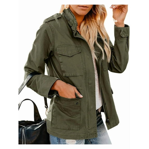 Women'S Fall Utility Jacket - Stand Collar, Solid Color, Loose Fit, Zipper Closure, and Multiple Pockets Army Green 4XL