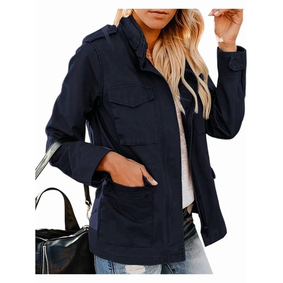 Women'S Fall Utility Jacket - Stand Collar, Solid Color, Loose Fit, Zipper Closure, and Multiple Pockets Dark Blue XL