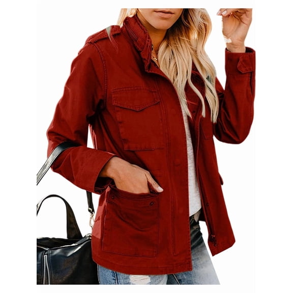 Women'S Fall Utility Jacket - Stand Collar, Solid Color, Loose Fit, Zipper Closure, and Multiple Pockets Wine Red M