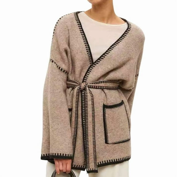 Women'S Fall Winter Cardigan Trendy Warm Mid Length Contrasting Colors Coat Casual Plus Size Cardigan Camel S
