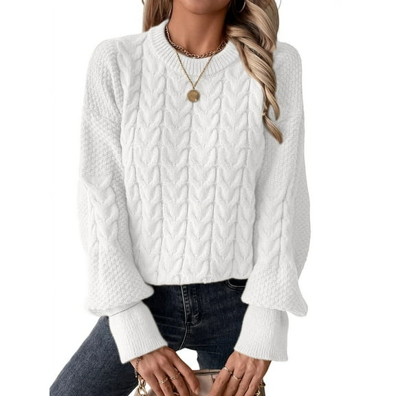 Women'S Fall Winter Chunky Knit Long Sleeve Round Neck Oversized Sweater Thick Pullover Loose Suit Creamy White M