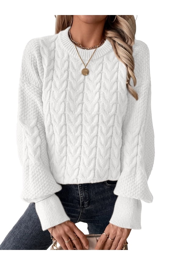 Women'S Fall Winter Chunky Knit Long Sleeve Round Neck Oversized Sweater Thick Pullover Loose Suit Creamy White M