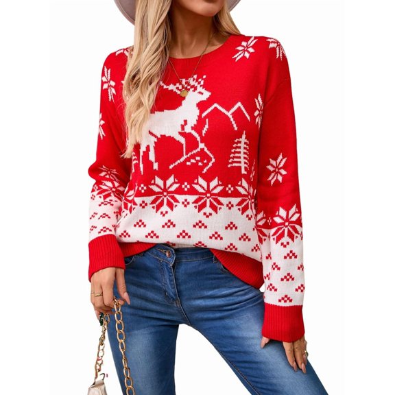 Women'S Fall Winter Crew Neck Knitted Sweater Animal Ethnic Geometry Snowflake Cropped Boho Pullover Tops Red S