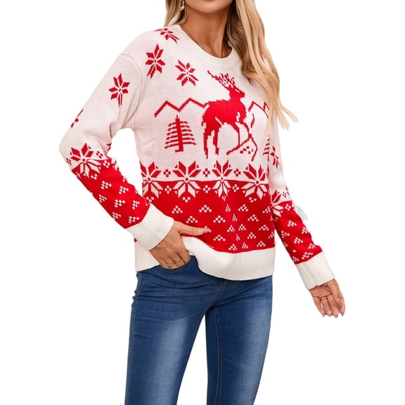 Women'S Fall Winter Crew Neck Knitted Sweater Animal Ethnic Geometry Snowflake Cropped Boho Pullover Tops White S