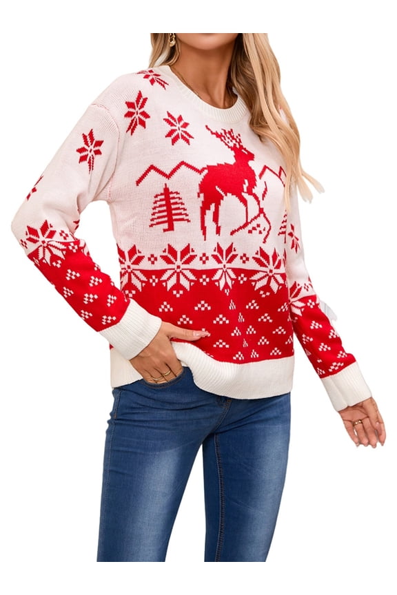 Women'S Fall Winter Crew Neck Knitted Sweater Animal Ethnic Geometry Snowflake Cropped Boho Pullover Tops White XL