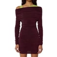 thumbnail image 1 of Women'S Fall Winter Elegant Solid Color Off-Shoulder Hip Dress Long Sleeve Pleated Slim Party Mini Dress Wine Red S, 1 of 6