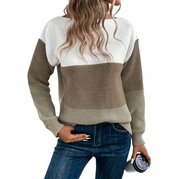 Women'S Fall Winter Fashion Casual Round Neck Ribbed Knitted Colorblock Drop Shoulder Long Sleeve Sweater Brown XL