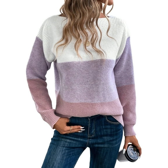 Women'S Fall Winter Fashion Casual Round Neck Ribbed Knitted Colorblock Drop Shoulder Long Sleeve Sweater Purple S
