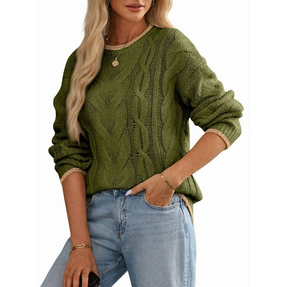 Women'S Fall Winter Fashion Round Neck Long Sleeve Colorblock Sweater Tops Chunky Knit Pullover Sweaters Olive Color S