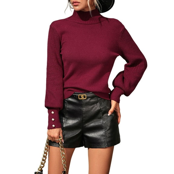 Women'S Fall Winter High Neck Sweaters for Women Lantern Sleeve Knitted Pullover Sweater Jumper Tops Wine Red XL