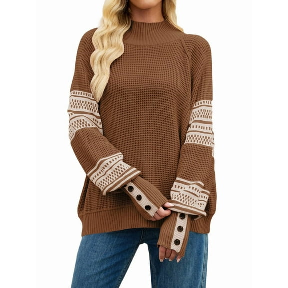 Women'S Fall Winter Knitted Colorblock Half-High Neck Fashion Lantern Long-Sleeved Pullover Sweater Coffee Color M