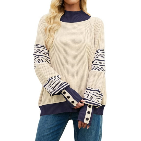 Women'S Fall Winter Knitted Colorblock Half-High Neck Fashion Lantern Long-Sleeved Pullover Sweater  L