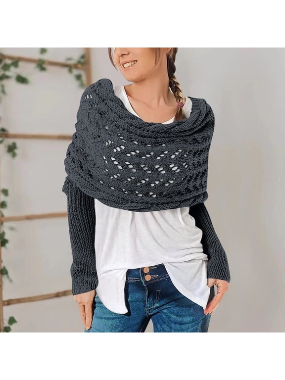 Women’S Fall Winter Knitted Shoulder Wrap Scarf Hollow Cable Knit Design Long Sleeves Convertible Cowl Neck Infinity Shawl For Daily And Party Wear