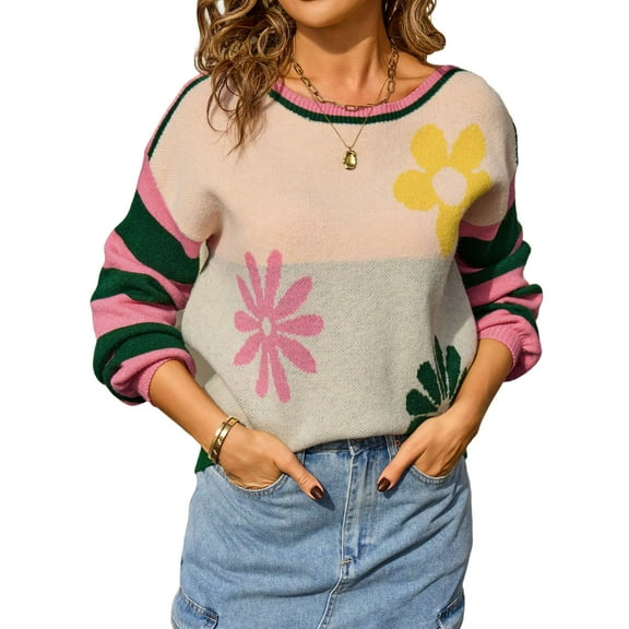 Women'S Fall Winter Long Sleeve Knit Sweater Fashion Floral Striped Crewneck Pullover Tops Green S