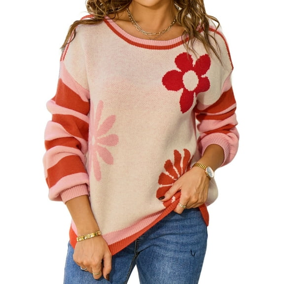 Women'S Fall Winter Long Sleeve Knit Sweater Fashion Floral Striped Crewneck Pullover Tops Orange S
