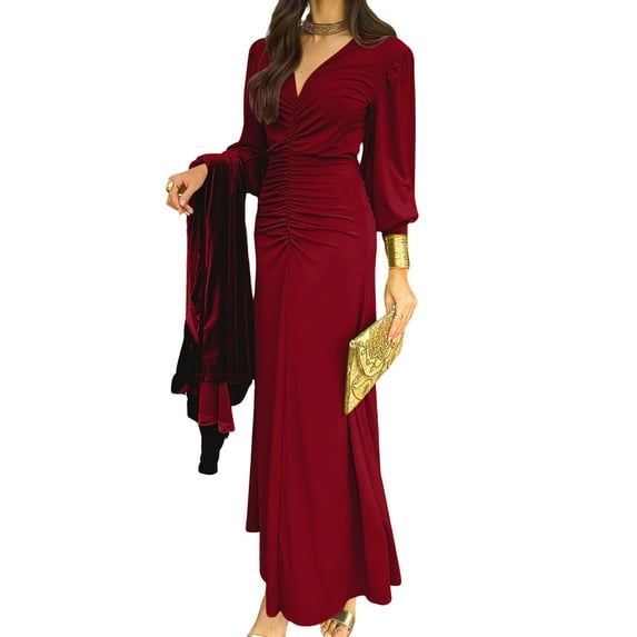 Women'S Fall Winter Mermaid Cocktail Dresses Long Sleeve V Neck Bodycon Maxi Ruched Waist Dress Wine Red M