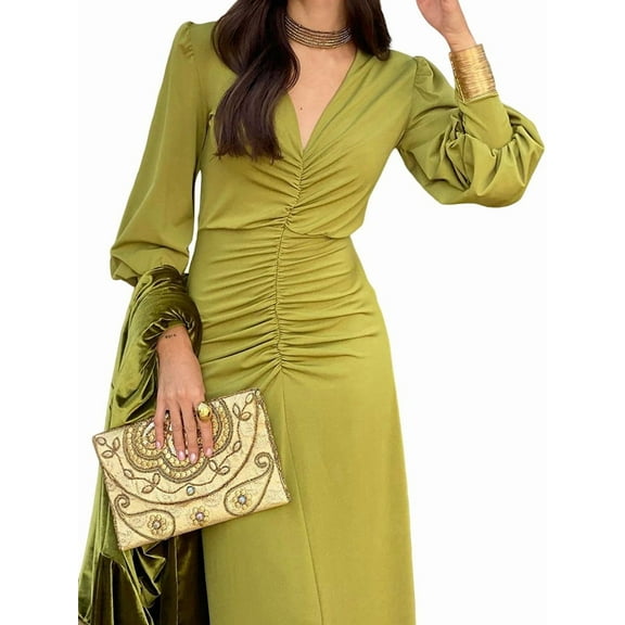 Women'S Fall Winter Mermaid Cocktail Dresses Long Sleeve V Neck Bodycon Maxi Ruched Waist Dress Yellow-Green M