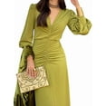 thumbnail image 1 of Women'S Fall Winter Mermaid Cocktail Dresses Long Sleeve V Neck Bodycon Maxi Ruched Waist Dress Yellow-Green XL, 1 of 9