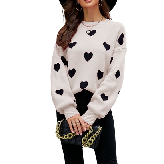 Women'S Fall Winter Mock Neck Long Sleeve Cute Heart Pattern Loose Knit Pullover Sweaters Black Color M