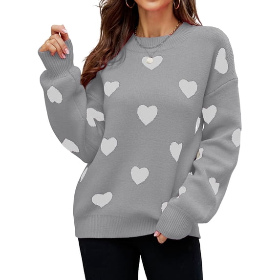 Women'S Fall Winter Mock Neck Long Sleeve Cute Heart Pattern Loose Knit Pullover Sweaters Gray M