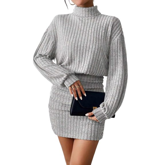 Women'S Fall Winter Slim Striped High Neck Hip-Wrapped Long Sleeve Dress Pullover Sweater Short Skirt Light Gray L